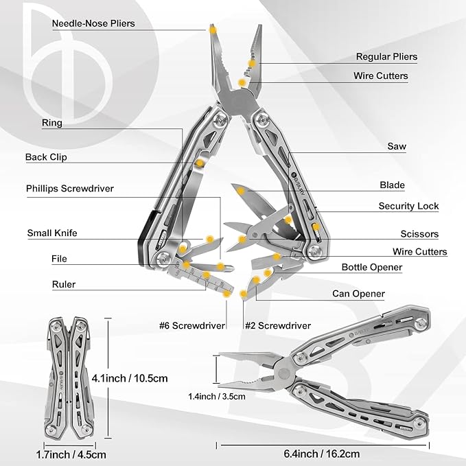 BIBURY Multitools BI2043, 17-in-1 Portable Multitool Foldable Spring-Loaded Pliers with Scissors, Can Opener & Screwdriver, Safety Locking EDC Tools for Camping Outdoor Activities Home Repair (Black)