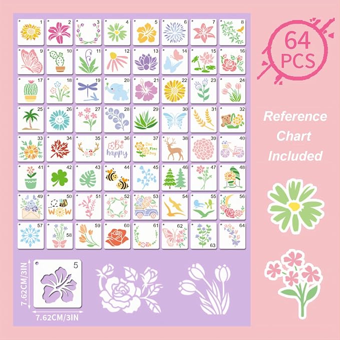 Flower Stencils for Painting, Professional Art Drawing Templates 64PCS 3x3 - Image 6