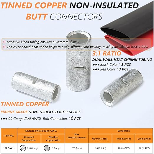 SVAAR 6 PCS 00 Gauge Non Insulated Butt Connectors 2/0 AWG Uninsulated Butt Splice Connectors Crimp Repair Butt Splices Kit Tinned Copper Seamless Barrel Butt Splice Terminals & 6PCS 3:1 Heat Shrinks