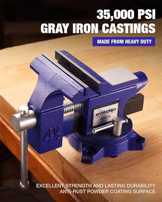 WORKPRO Bench Vise, 4-1/2" Vice for Workbench, Utility Combination Pipe Home Vise, Swivel Base Bench for Woodworking