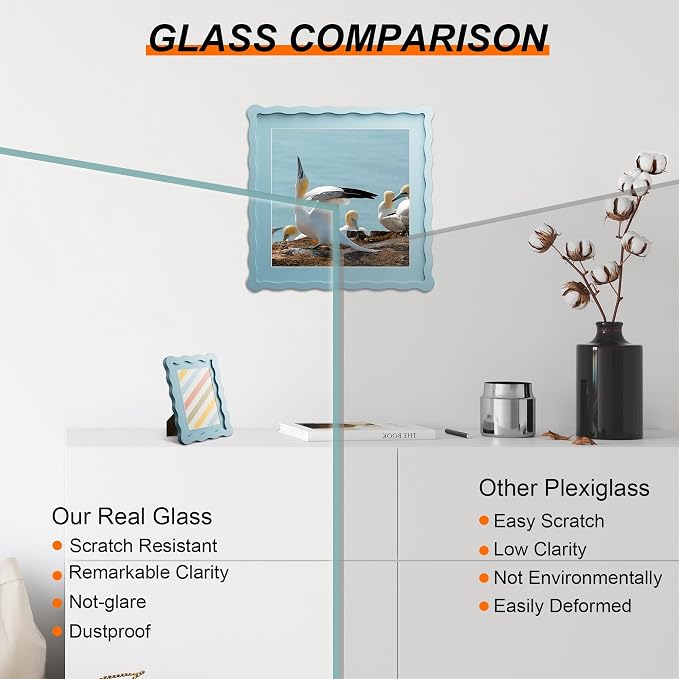 10x10 Picture Frame with Mat for 8x8, Wavy Edge Wooden Real Glass Photo Frame - Image 2