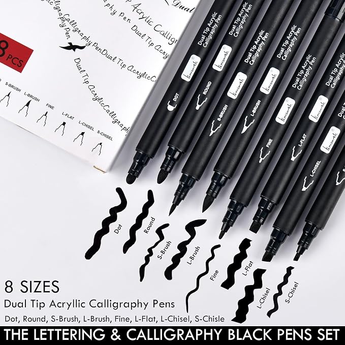 Brusarth Calligraphy Pens, 8 Size Dual Tip Black Acrylic Calligraphy markers - Image 2