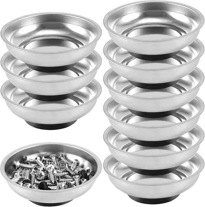 FUNSUEI 10 Packs 6 Inches Magnetic Tray, Stainless Steel Magnetic Bowl, Round Magnetic Parts Tray for Pins, Screws, Bolts, Nuts, Small Parts