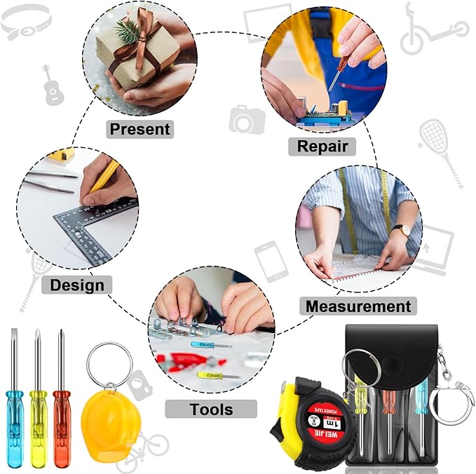 120 Pcs Mini Tape Screwdriver Keychain Set Christmas Men Gifts Bulk Adult Party Favors Multitool Pen Card Tool Measuring Keychains Stocking Christmas Stuffers for Men Dad (Multicolor)