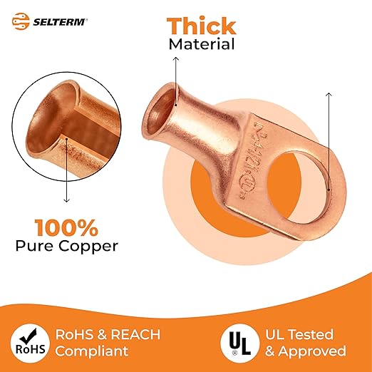 SELTERM 10pcs 4 AWG - 1/2" Stud - Battery Lugs, Heavy Duty Wire Lugs, Ring Terminals, Battery Cable Ends,4 Guage Terminals, UL Bare Copper Eyelets Electrical Battery Terminal Connectors