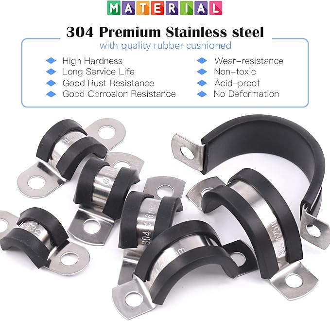 Glarks 16Pcs 20MM 2 Hole U-Tube Strap Clamp Set - 304 Stainless Steel Rubber Cushion Rigid Pipe Strap U Bracket Assortment Kit for Fixing (20mm)