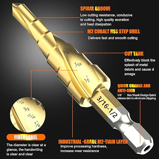 M2 Step Drill Bit Set 3/16"-1/2",1/4" Hex Shank Unibit Step Drill bit,Spiral Grooved for Faster Drilling, Step Bits for Stainless Steel, Wood, Aluminum, Plastic, 6 Step Sizes Taper Drill bit Set
