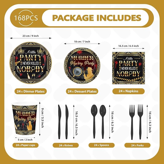 168Pcs Murder Mystery Party Decorations Mystery Suspect Plates and Napkins Cups - Image 2