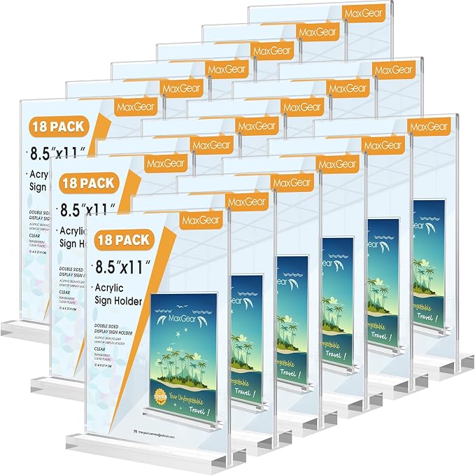 MaxGear Acrylic Sign Holder 8.5" x 11" Double Sided Sign Stand, 18 Pack | Clear by MaxGear