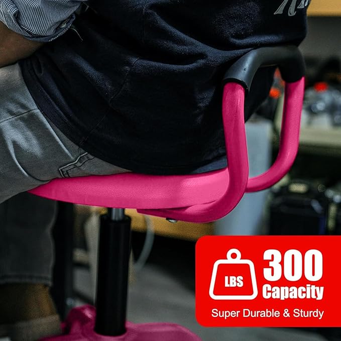 Garage Stool, Adjustable Height Swivel Work Mechanic Shop Stool with Backrest, Pneumatic Shop Chair for Home, Workshop, 300 LBS Capacity, 360° Rotation, Heavy Duty, Pink