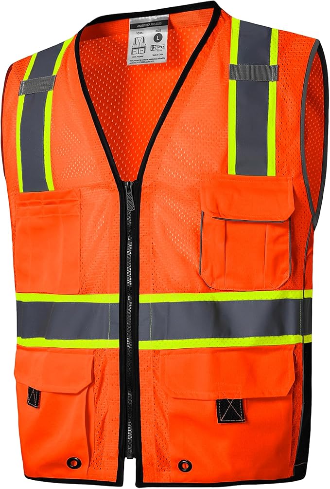 SKSAFETY 10 Pockets Professional Safety Vest, Class 2 Hi Vis Vest with Zipper, Reflective Strips, ANSI/ISEA Standard - Orange, 2XL