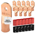 SELTERM 10pcs - 4/0 Awg - 1/4" Stud - Battery Lugs - Ring Terminal Connectors | with 12pcs 3:1 Black & Red Heat Shrink Tubing with Adhesive | Heavy Duty Battery Cable Ends - Bare Copper Wire Lugs Kit