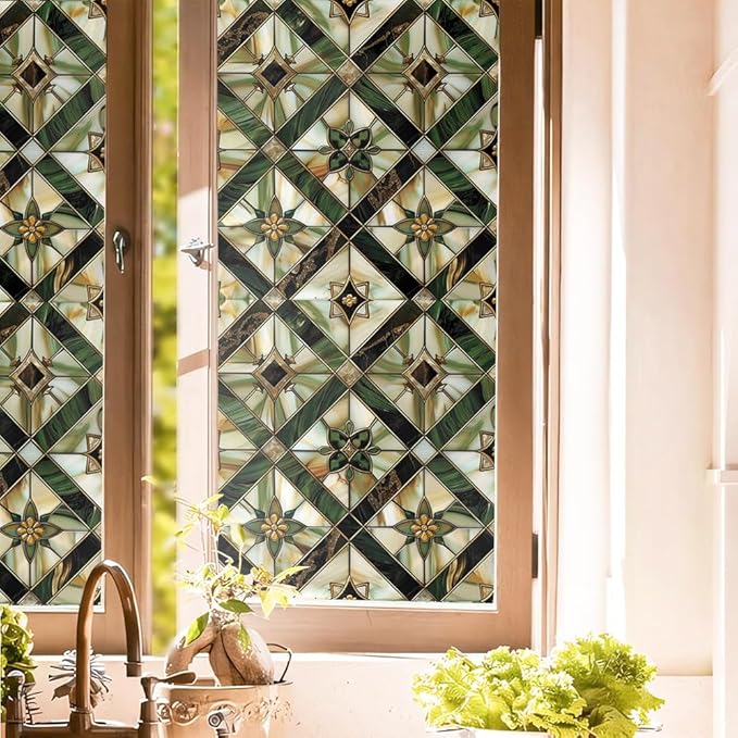 Boho Golden Vintage Geometric Dark Green Ethnic Stained Glass Window Films by Unknown