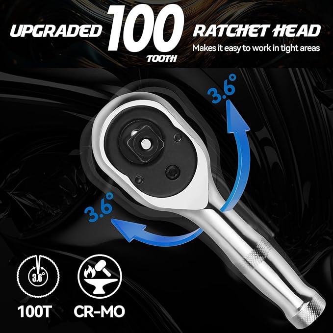 DISEN 3-Piece Stubby Ratchet Set – 1/4", 3/8", 1/2" Drive | 100-Tooth Ratchet with EVA Storage Tray | Quick Release Button | Non-Slip Grip | Reversible 3.6° Design for Tight Spaces, Chrome Finish