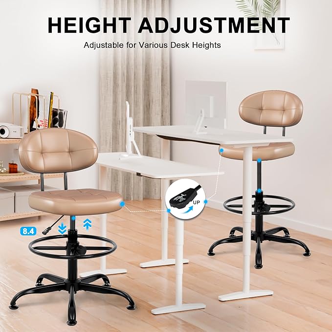 Misolant Armless Drafting Chair, Tall Office Chair no Wheels with Footrest Ring for Standing Desk, Small Faux Leather Executive Office Chair with Adjustable Height for Bar Counter Desk, Brown