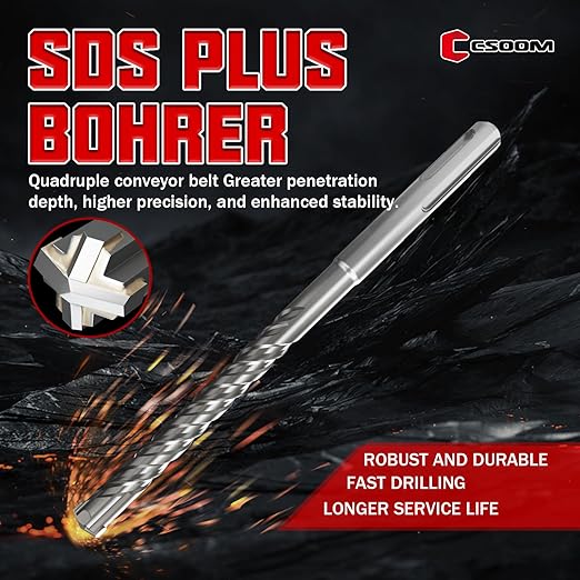 CSOOM SDS Plus Rotary Hammer Drill Bit 7/16"x6.3", Professional Concrete Drill Bit for Concrete, Brick, Stone and Cement Walls