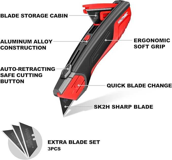 HAUTMEC Safety Self Retractable Utility Knife, Professional Heavy Duty Box Cutter With Extra 3 Black Sk2H Blades, Tool-free Blade Change, Safety Knife for Work HT0414-KN