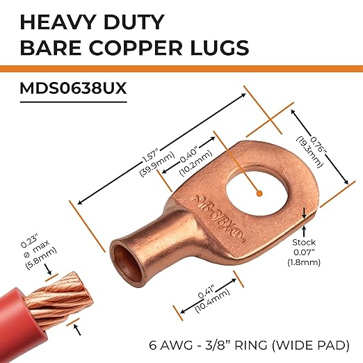 SELTERM 2pcs 6 AWG 3/8" Stud (Wide Pad) Copper Wire Lugs, Battery Lugs,Ring Terminals,Battery Cable Ends, 6 Gauge Ring Terminal Connectors,UL Heavy Duty Bare Copper Eyelets Battery Terminal Connectors
