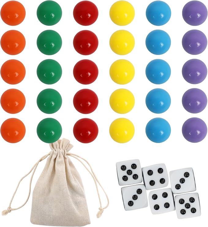 0.71Inch 30 Wahoo Marbles & 6 Dice Set, 5 of Each 6 Colors, 18mm Replacement by COMSREV