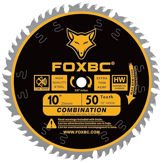 FOXBC 10 Inch Combination Saw Blade, 50-Tooth, Wood Cutting, 5/8-Inch Arbor