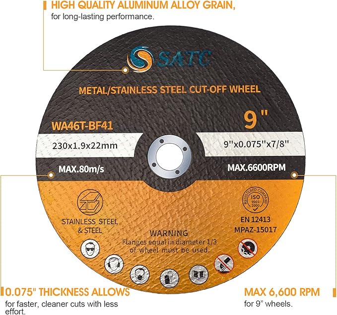 S SATC Die Grinder Cut Off Wheel 9 Inch 25PCS Cut Off Wheels Fit Angle Grinder Air Tool 9” x .075” x 7/8”