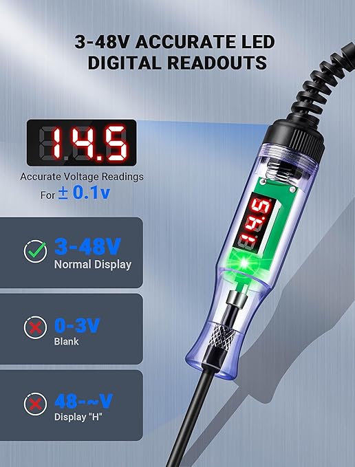 Automotive Test Light with 3-48V LED Digital Readout, Automotive Circuit Tester with Voltmeter and Polarity Indicator Light, Electrical Voltage Test Pen with Stainless Probe for Fuse Car/Vehicles