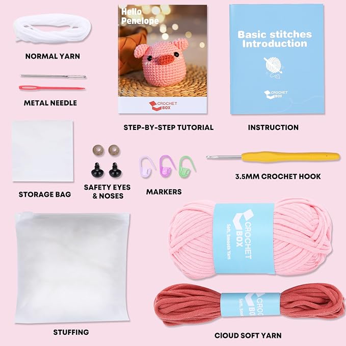 Crochet Kit for Beginners: Pink Pig Crochet Kit, All You Need in, Include - Image 3