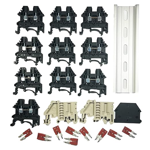 Dinkle Assembly Kit DK2.5N-BK 10 Gang Black with Jumpers DIN Rail Terminal Blocks, 12-22 AWG, 20 Amp, 600 Volt