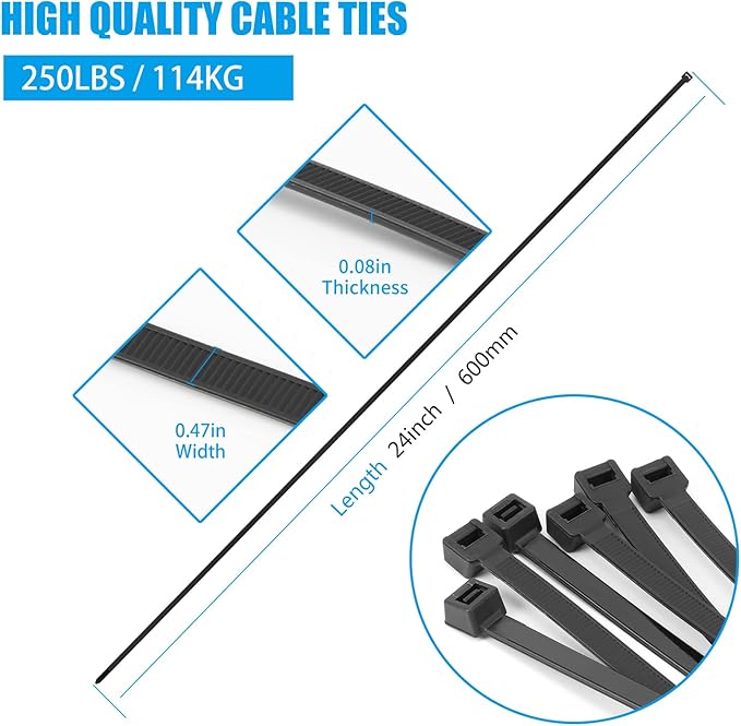 24 inch Black Zip Ties Heavy Duty 50 PCS, 250 LBS Ultra Exclusive Strong Plastic Wire Ties, Large Cable Ties Extra Long Tie Wraps, Indoor and Outdoor UV Resistant