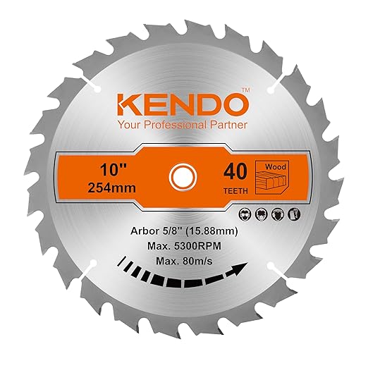 KENDO 1-Pack 10 Inch 40T Carbide-Tipped Circular Saw Blade with 5/8 Inch Arbor, Professional ATB Finishing Woodworking Miter/Table Saw Blades for Plywood, Laminate, Ripping Wood
