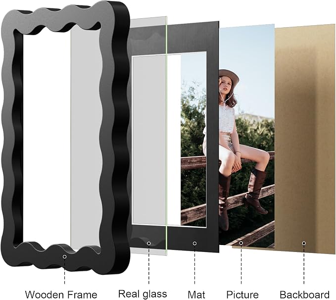 11x14 Picture Frame with Mat for 8x10, Wavy Edge Wooden Real Glass Photo Frame - Image 6