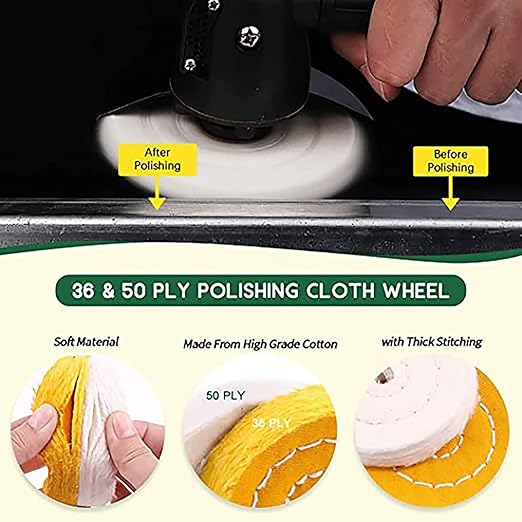 4'' Buffing Polishing Wheels with 3 Pcs Polishing Compounds/White Cotton (50-ply) /Yellow Cotton (36-ply)/Flannel (30-ply)/Denim and 1/4" Shank for Bench Grinders/Bench Buffer Rotary Tools