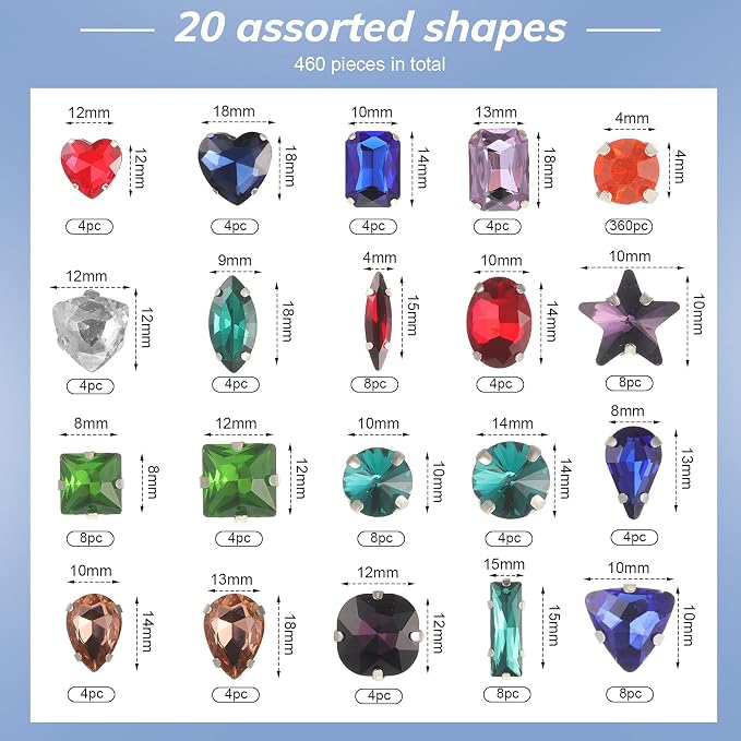 460 Pieces Sew on Rhinestones Glass Sewing Claw Gemstones and Crystals Metal - Image 3