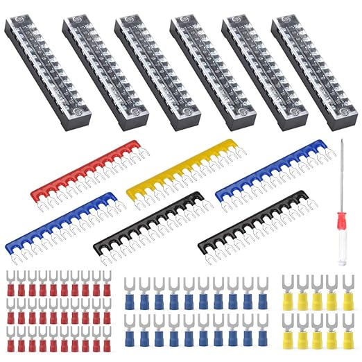 73Pcs(6Sets) Terminal Block Set, 6Pcs 12 Positions 600V 15A Dual Row Screw Terminal Strip Block + 6Pcs Pre-Insulated Terminals Barrier Strip + 60Pcs Insulated Fork Wire Connector by CGele…