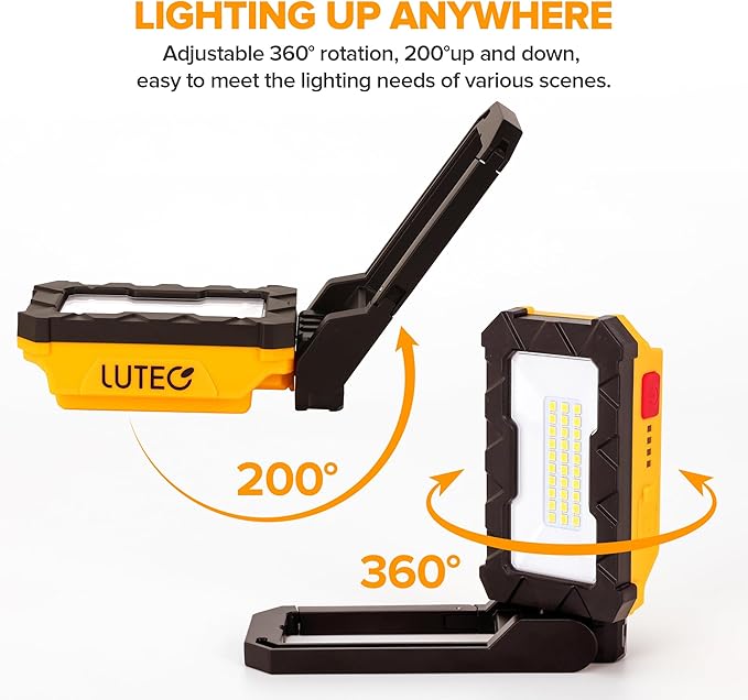 LUTEC Rechargeable Work Light, 1000 Lumens LED Magnetic Light with Magnetic Base and Hanging Hook，360°Rotate and 200°Swivel for Car Repair, Emergency and Camping