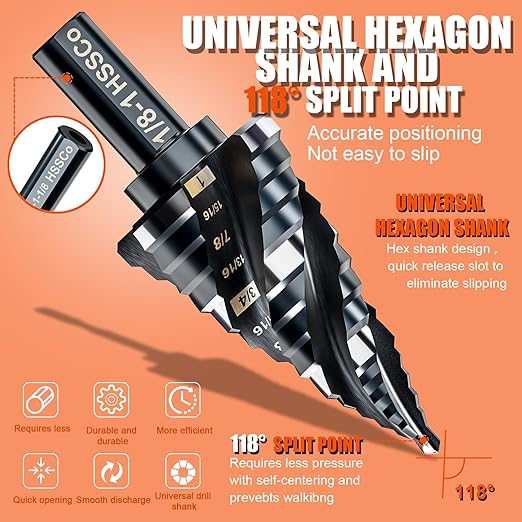 Four Spiral Flute Step Drill Bit for Metal,M35 Cobalt Unibit Step Drill Bit Set 1/8"-1"(9 Sizes),Wear-Resistant AlTiN Coated,3/8" Hex Shank for Metal, Stainless Steel, Aluminum, Plastic