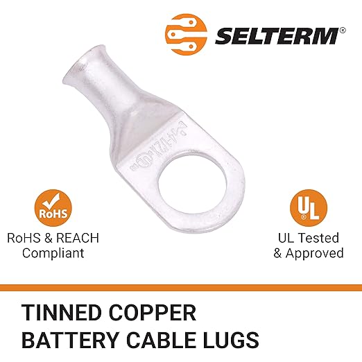 SELTERM 25pcs 4 AWG 1/2" Stud Marine Grade Tinned Copper Battery Cable Lugs, 4 Guage Ring Terminals, UL Wire Lugs Electrical Battery Cable Ends, Tinned Copper Lugs Battery Terminal Connectors