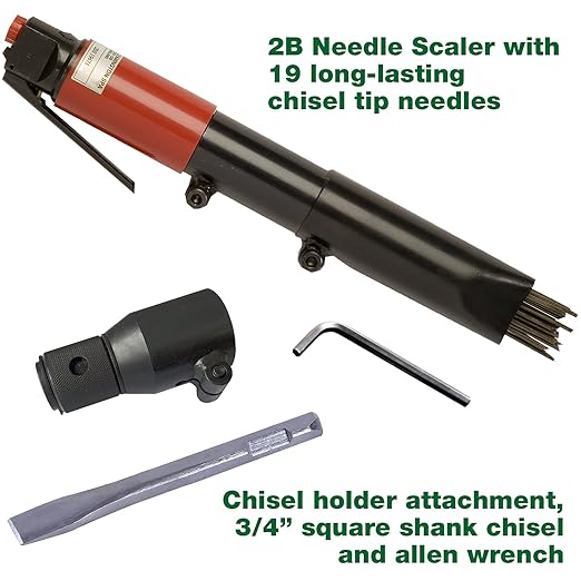 CS Unitec | 199.3120 | 2B Needle Scaler and Chisel Scaler Combination Kit. Inline-Grip, Air-Powered, 19 Needles, 5.75 Lbs, 90 CFM – Made in England