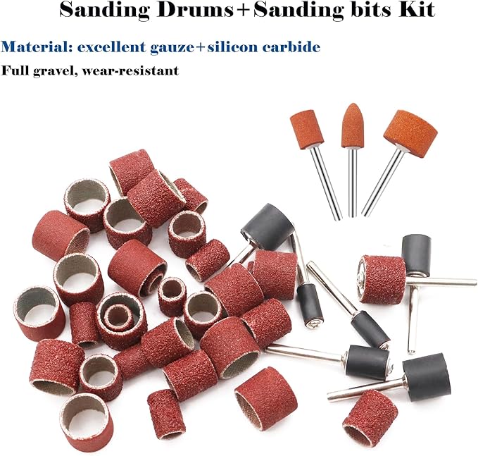 Tnisesm 159Pcs Sanding Drum Set for Dremel Rotary Tools-Includes 138 Aluminum Oxide Drum Sander Sanding Sleeves (80,120,240 Grit),12 Drum Mandrels and 9 Sanding Bits,Sanding Bits Tool Accessories