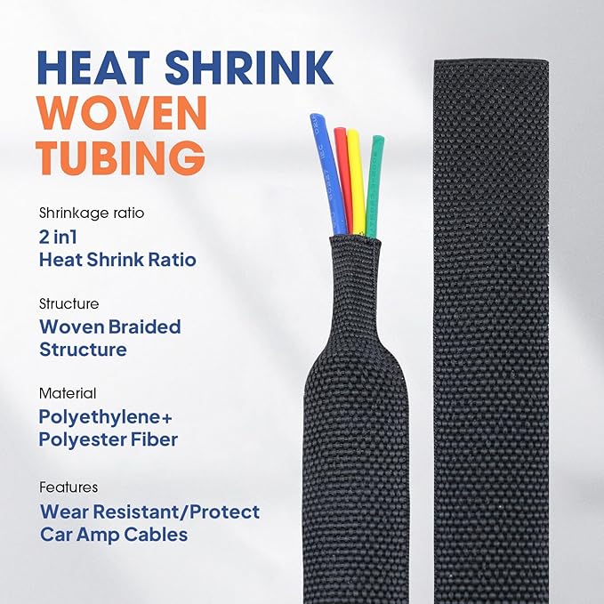 2 to 1 Heat Shrink Woven Tubing Abrasion Resistant Braided Sleeving Shrinkable Fabric Loom Protector for Auto Amp Harness Sheath Cable(3/8" ID-300inch)