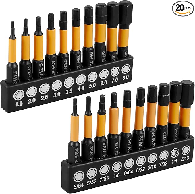 20Pcs Impact Hex Head Allen Wrench Drill Bit Set S2 Alloy Magnetic 1/4inch Quick Release Shank Screw Driver Drill Bit for Home Repair