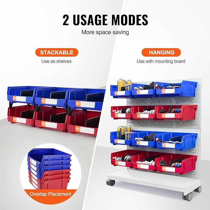 VEVOR Plastic Stackable Storage Bins 6 Pack (11 x 11 x 5-Inch), Hanging Storage Organizer Bins, Heavy Duty Stacking Containers for Closet, Garage, Office, Home, Pantry or Small Parts Organization