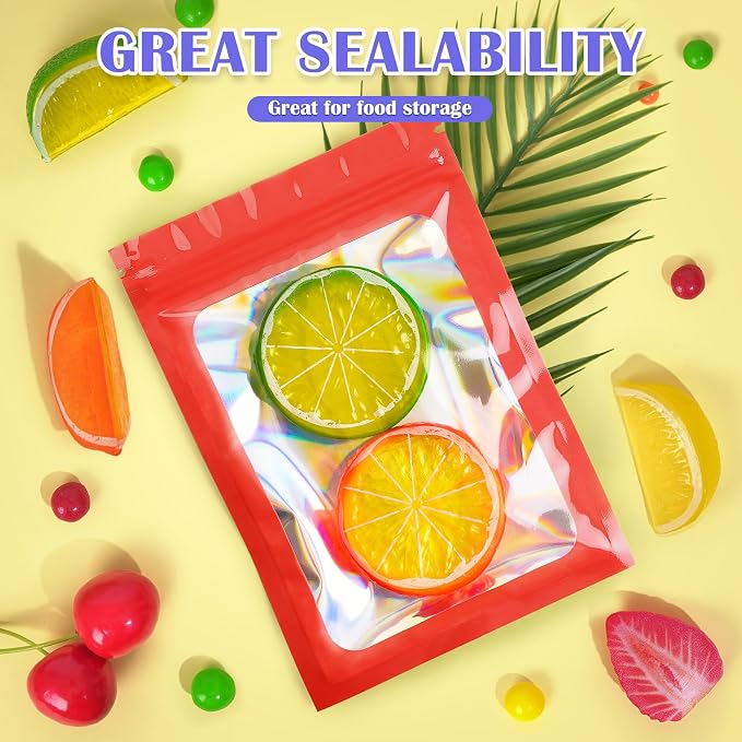 JETMORE 100 Pcs Mylar Bags, Smell Proof Bags Foil Pouch, Holographic Resealable - Image 3