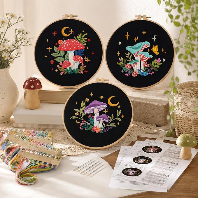 Nuberlic 3 Pack Embroidery Kit for Beginners, Mushroom Cross Stitch Kit | - Image 6