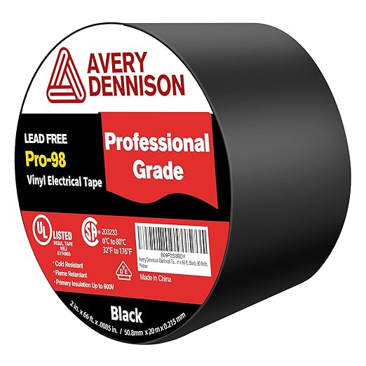 Avery Dennison Electrical Tape, Professional Grade PVC Electric Tape, UL/CSA Listed Insulating Vinyl Tape for Electrical, Repairs, Automotive and Equipment, Pro-98, 2 in x 66 ft, Black, 1 Roll