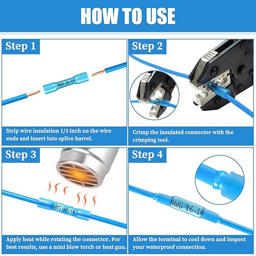525PCS Heat Shrink Butt Connectors Blue 16-14 AWG, Marine Grade Tinned Red Copper Crimp Splice Terminals Insulated Waterproof Electrical Wire Connectors for Marine,Truck,Stereo