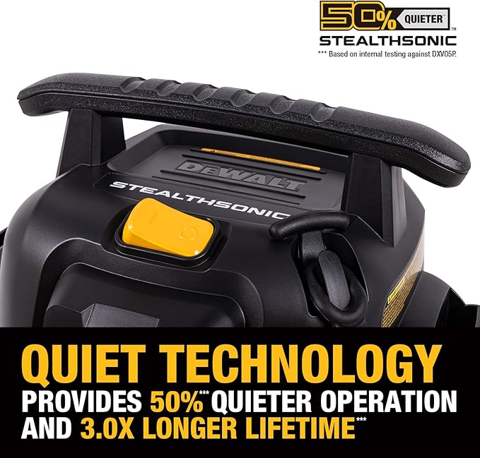 DEWALT 5 Gallon STEALTHSONIC Shop Vacuum Wet and Dry, Powerful Suction & Portable Shop Vac with Attachments, Ultra Quiet Wet Dry Vacuum for Home, Garage, Car, Workshop, Jobsite, DXV05S-QT, 4 Peak HP