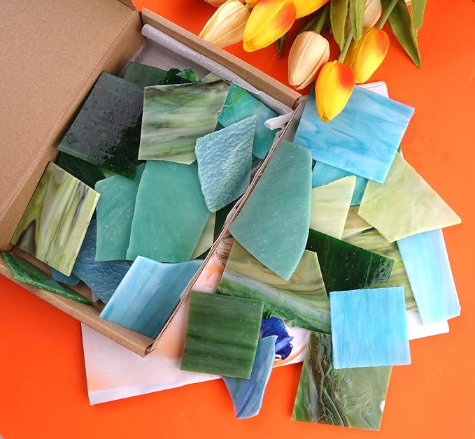 Lanyani Green Mixed Stained Glass Scrap Pieces Sheets, Glass Mosaic Tiles - Image 4