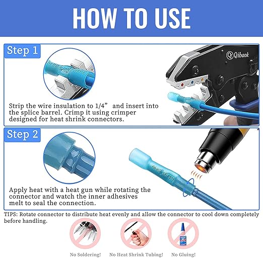 Qibaok 200 PCS Heat Shrink Butt Connectors, Waterproof Insulated Electrical Wire Crimp Connectors Butt Splice Terminal for Automotive Marine Boat Truck Trailer Stereo