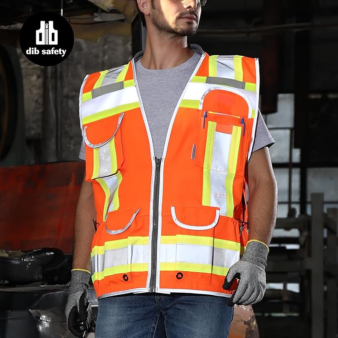 Dib Safety Reflective Vest Heavy Duty, High Visibility Two Tone Engineer Vest, Made with 3M Tape, Padded Collar, Retractable ID Pocket, Orange 2XL